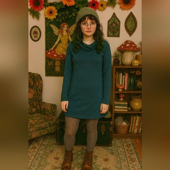 Sweater Dress S Teal Cowl Neck Goblincore Gremlincore Cabincore Town And Country - Picture 1 of 8